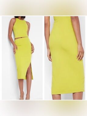 Express Lime Green Midi Pencil Skirt with Side Slit